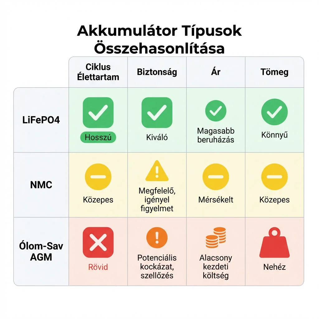 LiFePO4, NMC és ólom-savas akkumulátor összehasonlítása