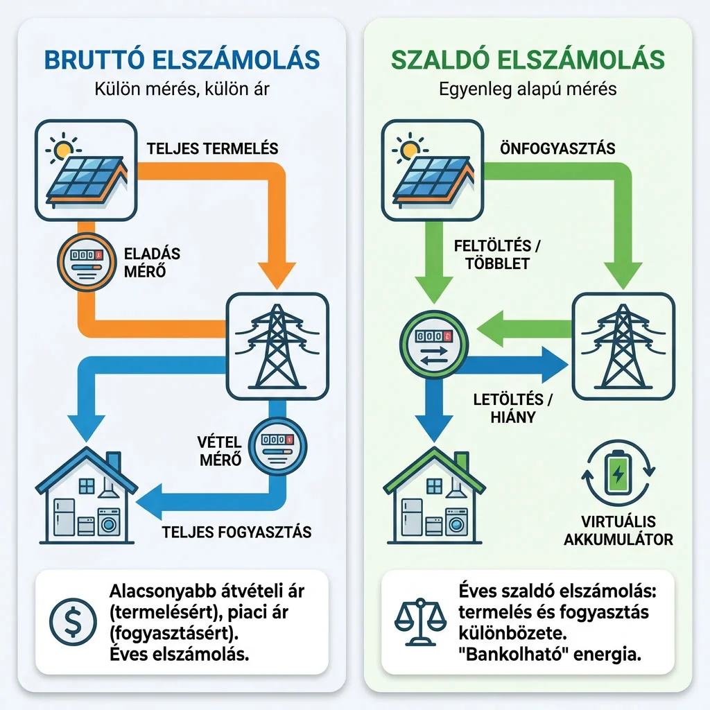 Bruttó és szaldó elszámolás napelemnél összehasonlítás