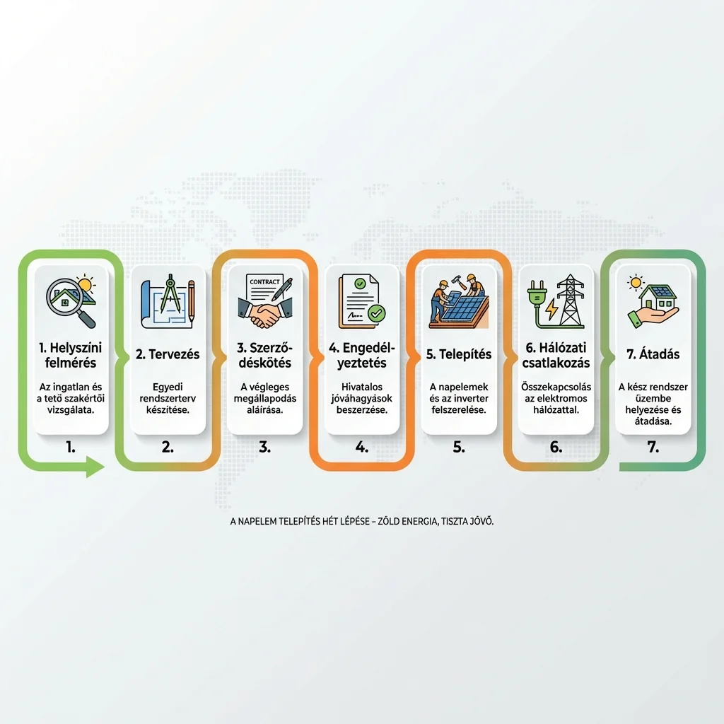 Napelem rendszer telepítésének folyamata lépésről lépésre infografika