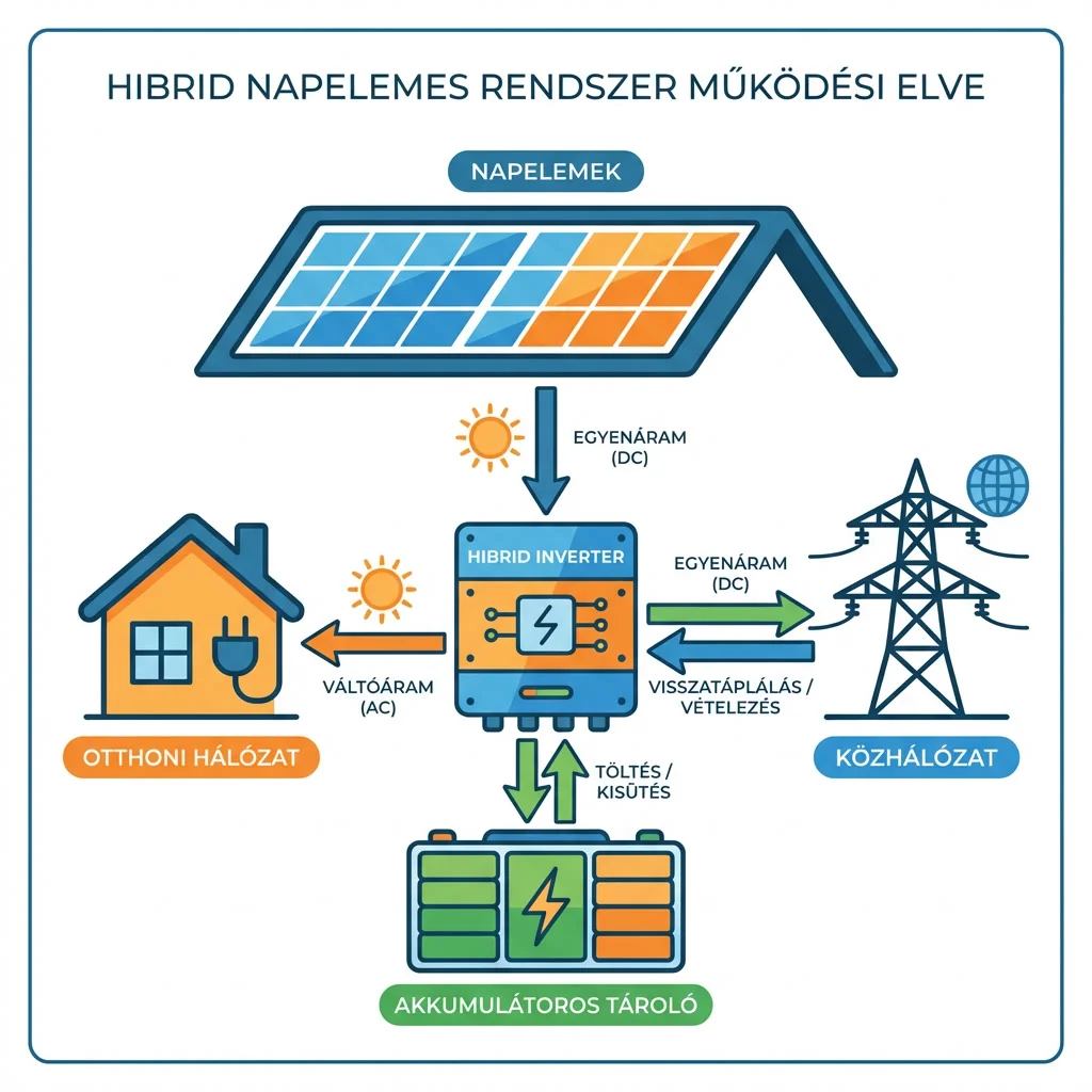 Hibrid napelem rendszer felépítésének sematikus rajza