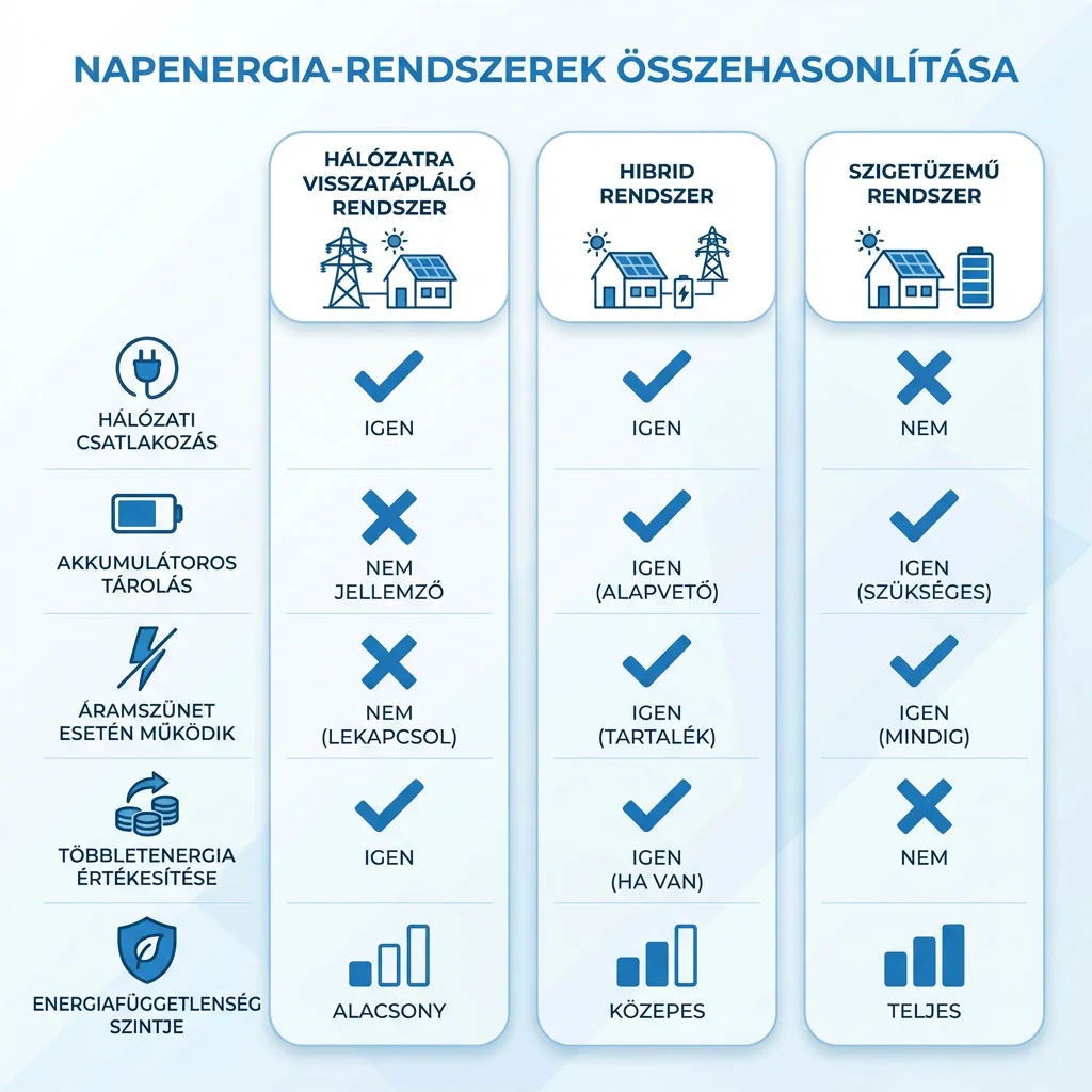 Összehasonlító táblázat a hibrid, szigetüzemű és hálózati napelem rendszerek között