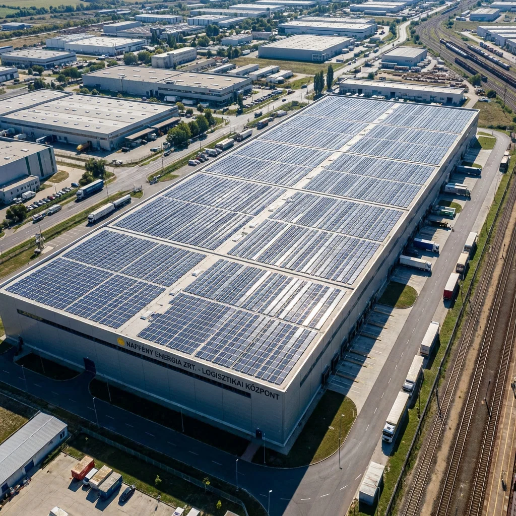 Ipari napelem rendszer nagy alapterületű csarnok tetején