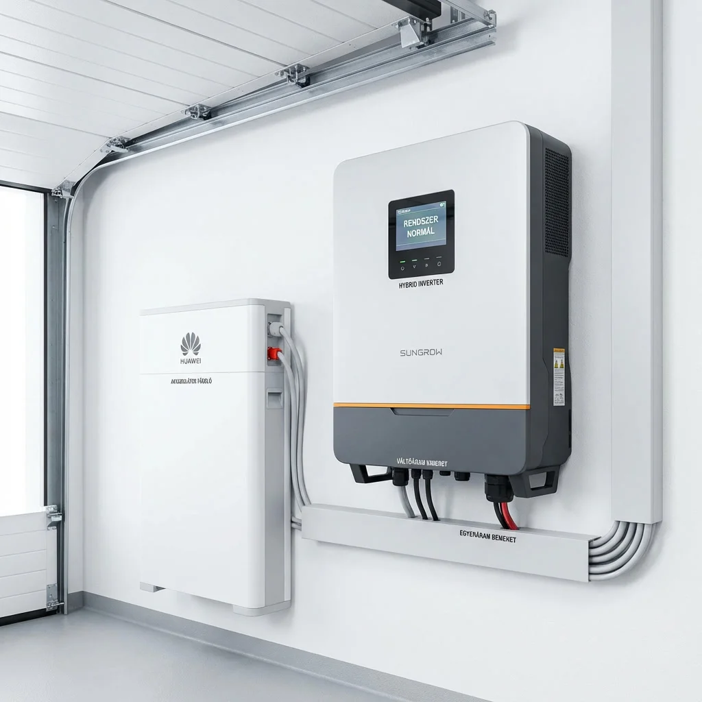 Hibrid inverter és LiFePO4 akkumulátor garázs falára szerelve